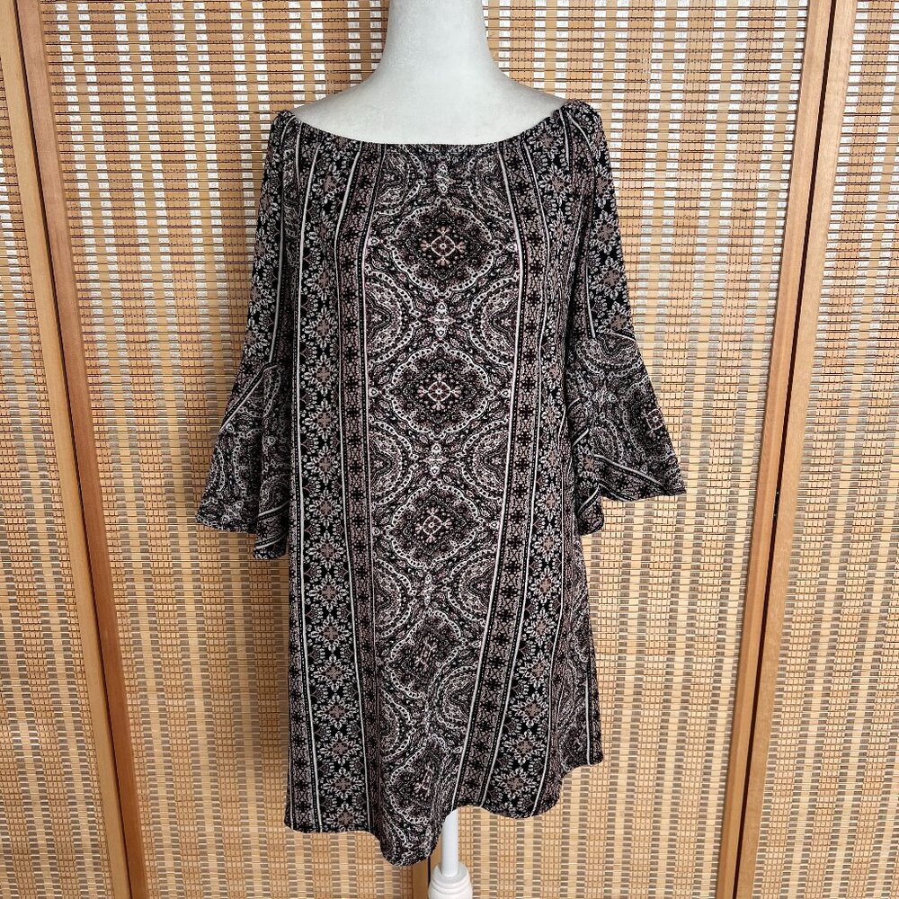 Vintage 2000s Myth black and white paisley print mini dress with bell 3/4 sleeve